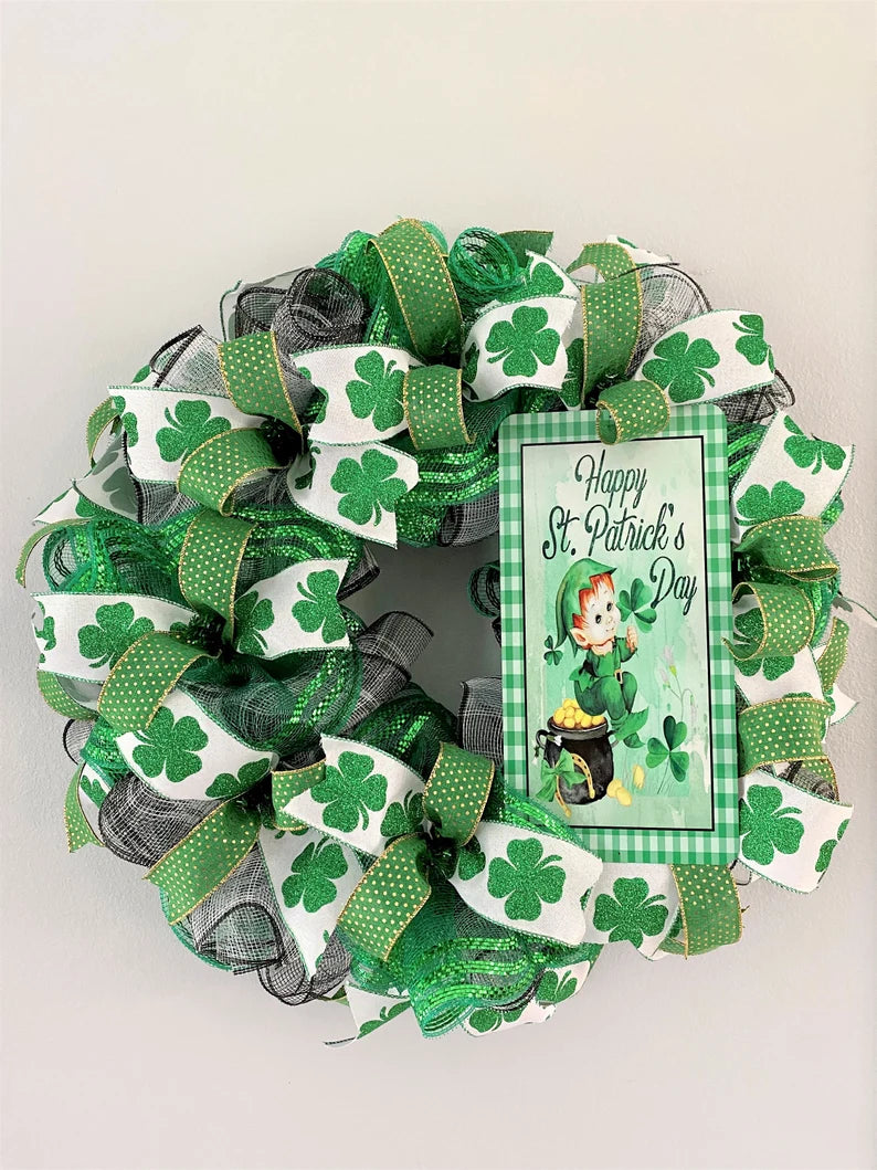 Happy St. Patrick's Day, Wreath, Deco Mesh, Wired Ribbons, Shamrocks, Leprechaun, Plaid, Green, Gold, Black, White, Large