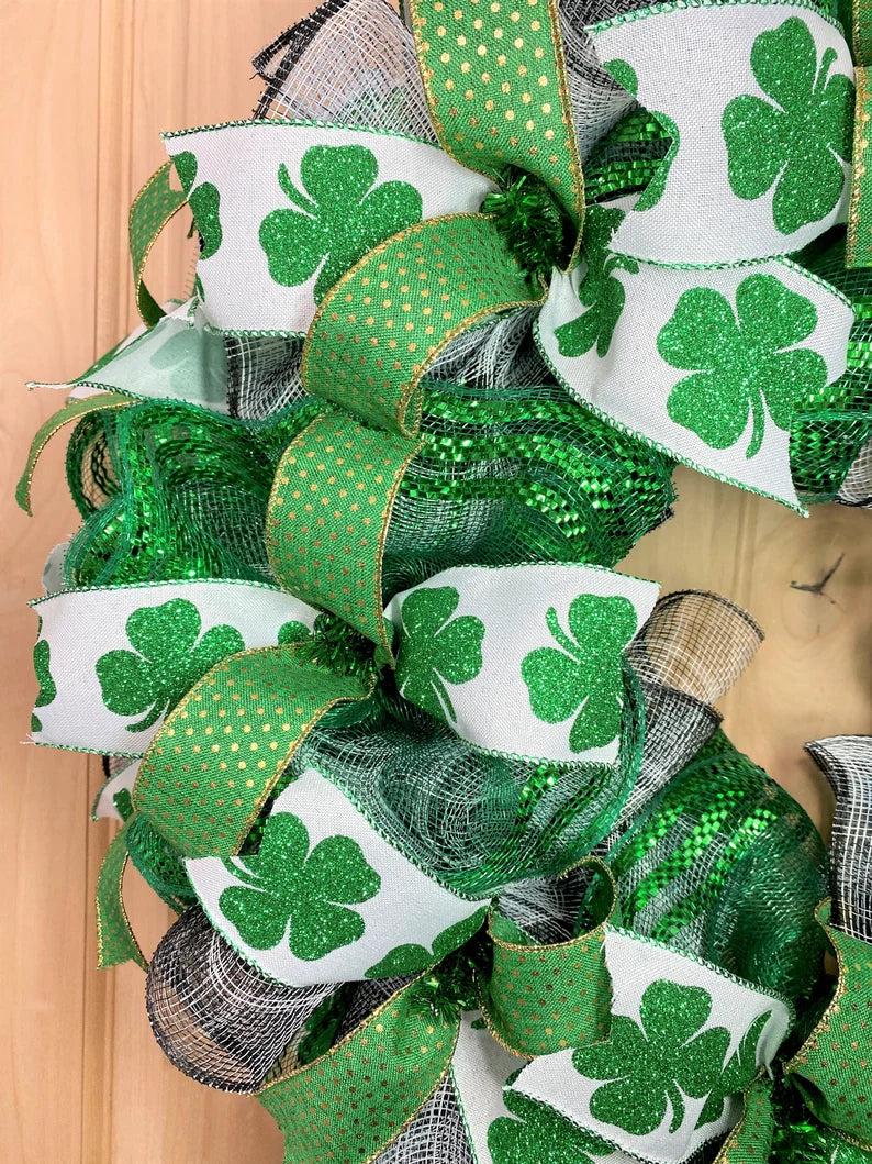 Happy St. Patrick's Day, Wreath, Deco Mesh, Wired Ribbons, Shamrocks, Leprechaun, Plaid, Green, Gold, Black, White, Large