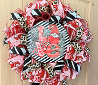 Valentine Wreath, Gnome Love, Hearts With Truck, Leopard, Deco Mesh, Wired Ribbons, Pink, Red, White, Black, Gold, Brown, Medium Size