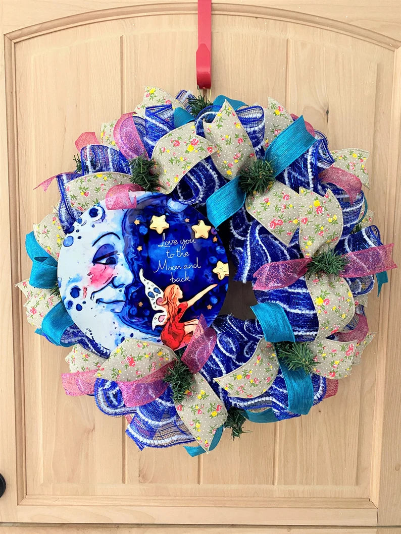 Moon, Stars, Fairy Wreath, "I Love You To The Moon and Back", Deco Mesh Wreath, Blue, Pink, Yellow, Multi, Medium Size