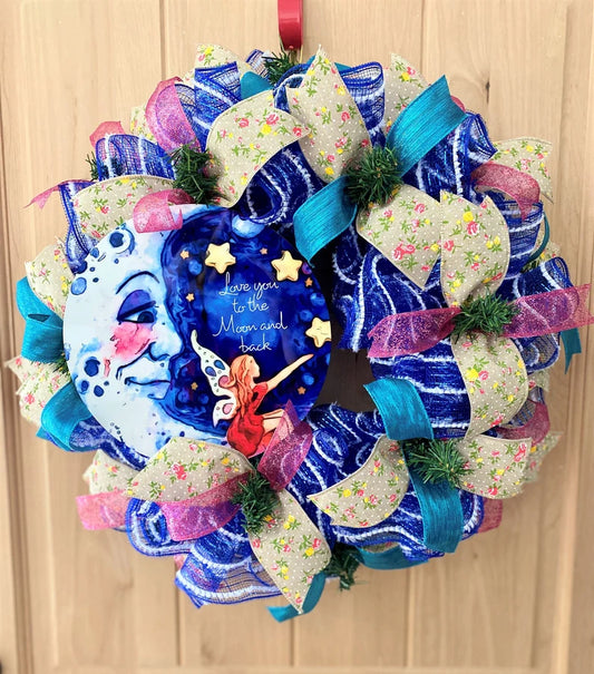 Moon, Stars, Fairy Wreath, "I Love You To The Moon and Back", Deco Mesh Wreath, Blue, Pink, Yellow, Multi, Medium Size