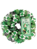 Happy St. Patrick's Day, Wreath, Deco Mesh, Wired Ribbons, Shamrocks, Leprechaun, Plaid, Green, Gold, Black, White, Large