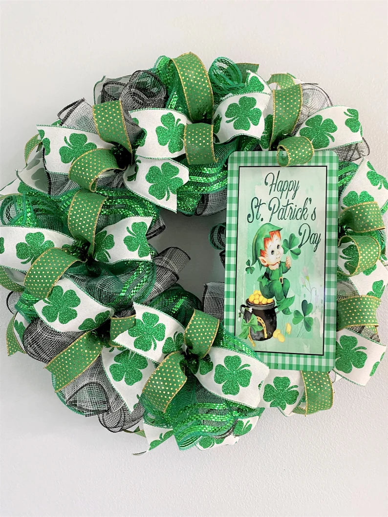 Happy St. Patrick's Day, Wreath, Deco Mesh, Wired Ribbons, Shamrocks, Leprechaun, Plaid, Green, Gold, Black, White, Large