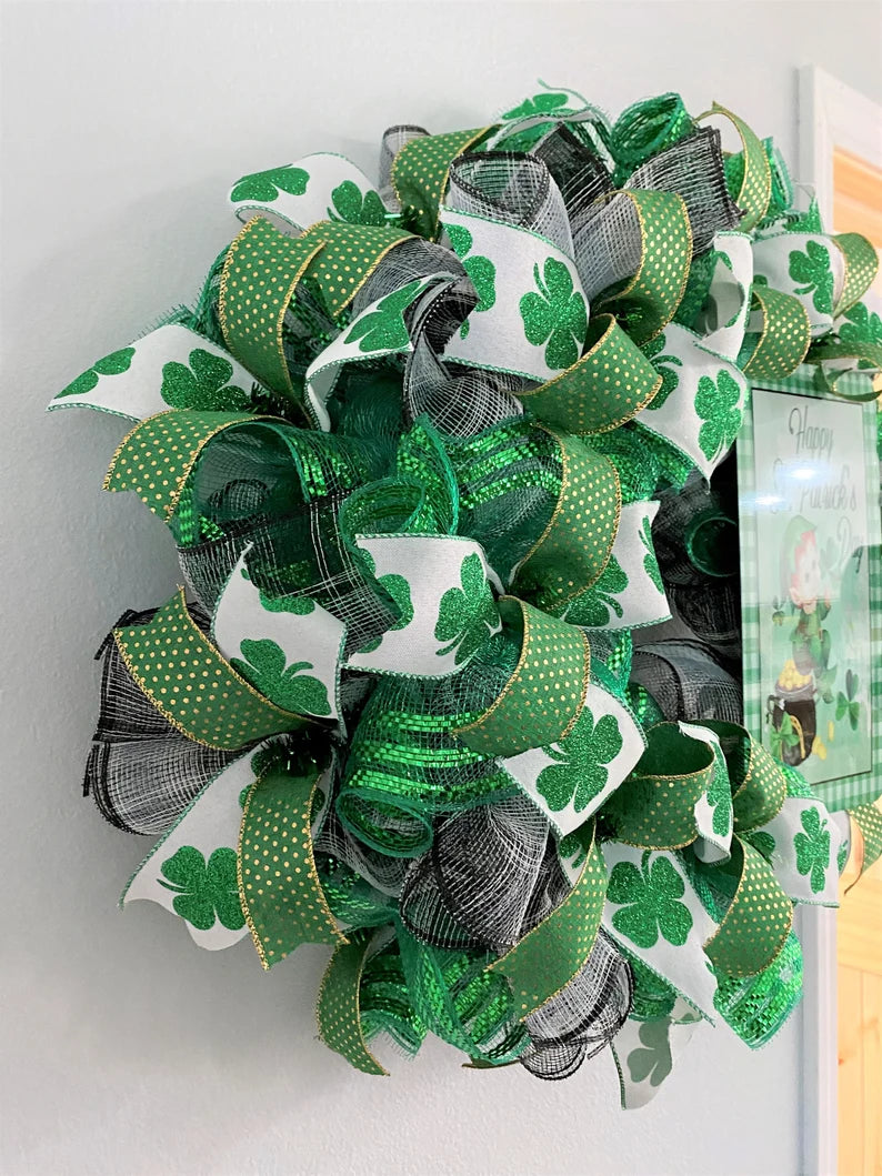 Happy St. Patrick's Day, Wreath, Deco Mesh, Wired Ribbons, Shamrocks, Leprechaun, Plaid, Green, Gold, Black, White, Large