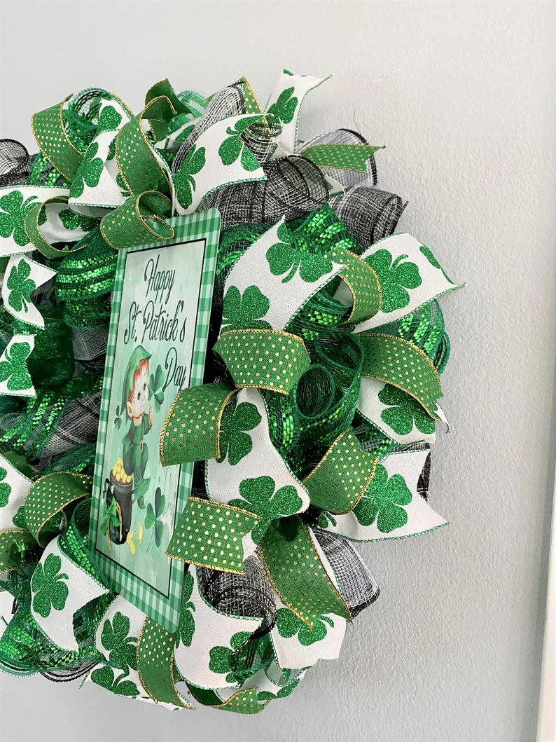 Happy St. Patrick's Day, Wreath, Deco Mesh, Wired Ribbons, Shamrocks, Leprechaun, Plaid, Green, Gold, Black, White, Large