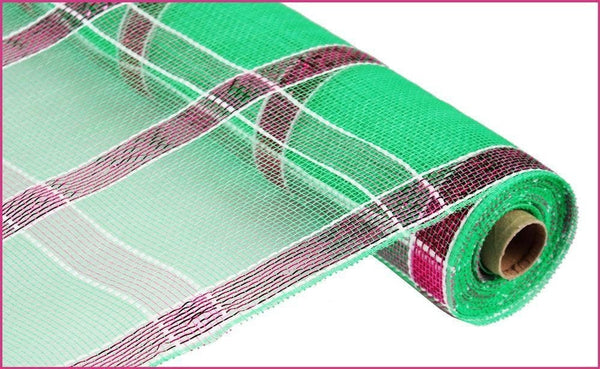 White Stripe Plaid Lime Green With Hot Pink Foil / Deco Poly Mesh / 21"X 10 yd / Craig Bachman, RE1013T8