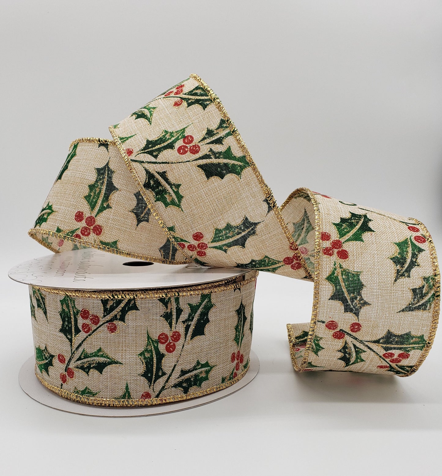 Shimmering Holly Berries, On Light Tan Beige Canvas Ribbon / Gold Threaded Wired Edges / 2..5" X 25 Yd.
