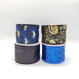 Assorted Halloween Ribbon / Wired Edges / Blue Designs / Satin, Glitter / 4 Rolls In A Set / 2.5" x 25'