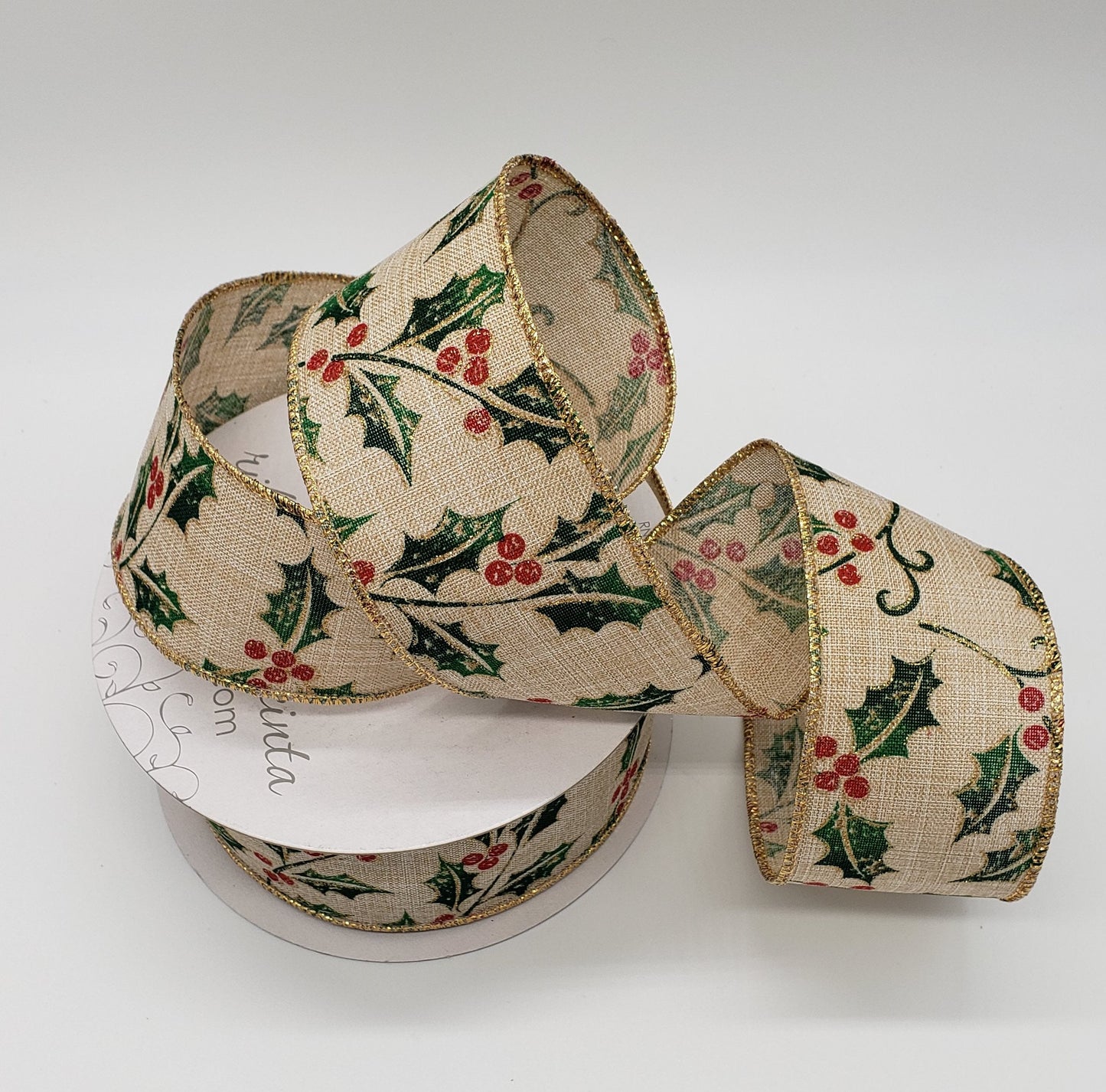 Shimmering Holly Berries, On Light Tan Beige Canvas Ribbon / Gold Threaded Wired Edges / 2..5" X 25 Yd.