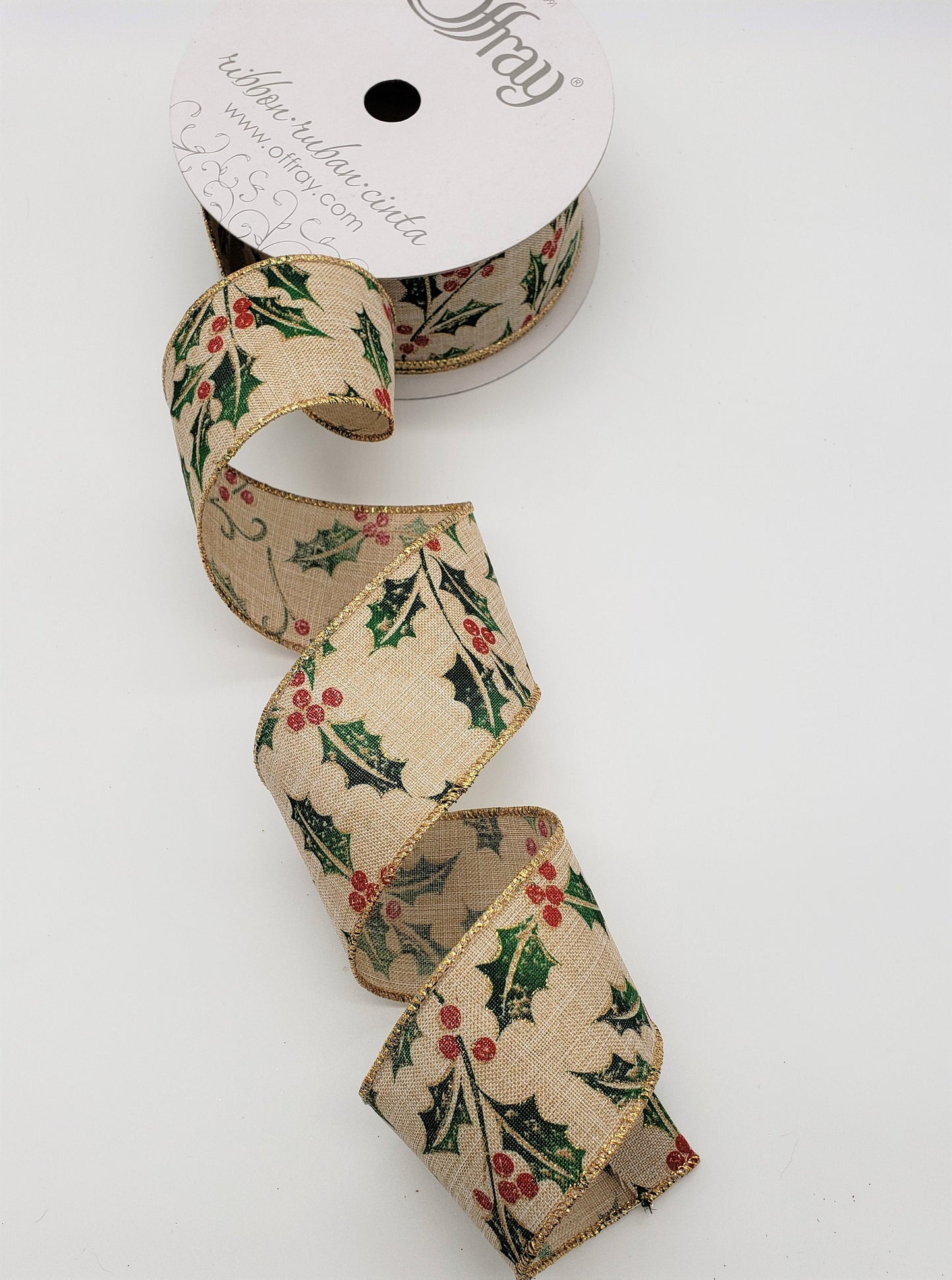 Shimmering Holly Berries, On Light Tan Beige Canvas Ribbon / Gold Threaded Wired Edges / 2..5" X 25 Yd.