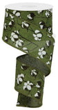 Wired Ribbon, Moss Green, Brown and White / 2.5" X 10 yd / Cotton Pods On Royal / RG0180952
