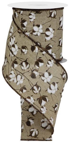 Wired Ribbon, Beige, Brown and White / 4" X 10 yd / Cotton Pods On Royal / RG0181001
