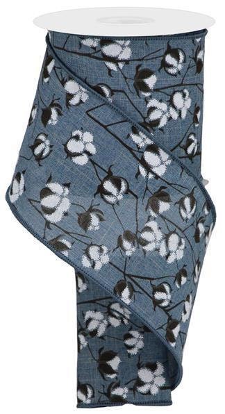 Wired Ribbon, Faded Denim, Brown and White / 4" X 10 yd / Cotton Pods On Royal / RG0181065