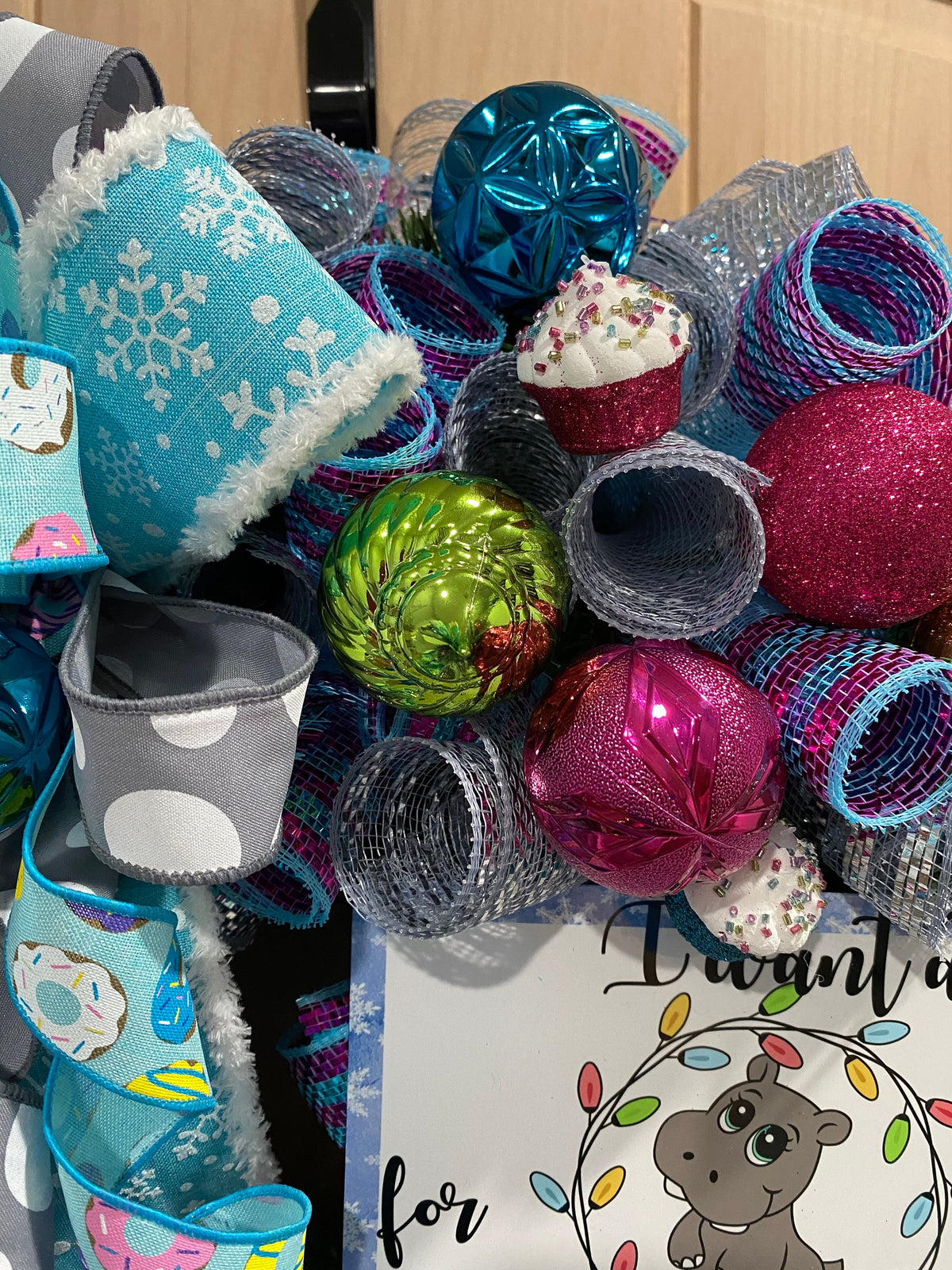 Hippo Christmas Wreath, I want a Hippopotamus for Christmas, Blue, Gray, Pink, Green, Purple, Yellow and White, 26" X 26"