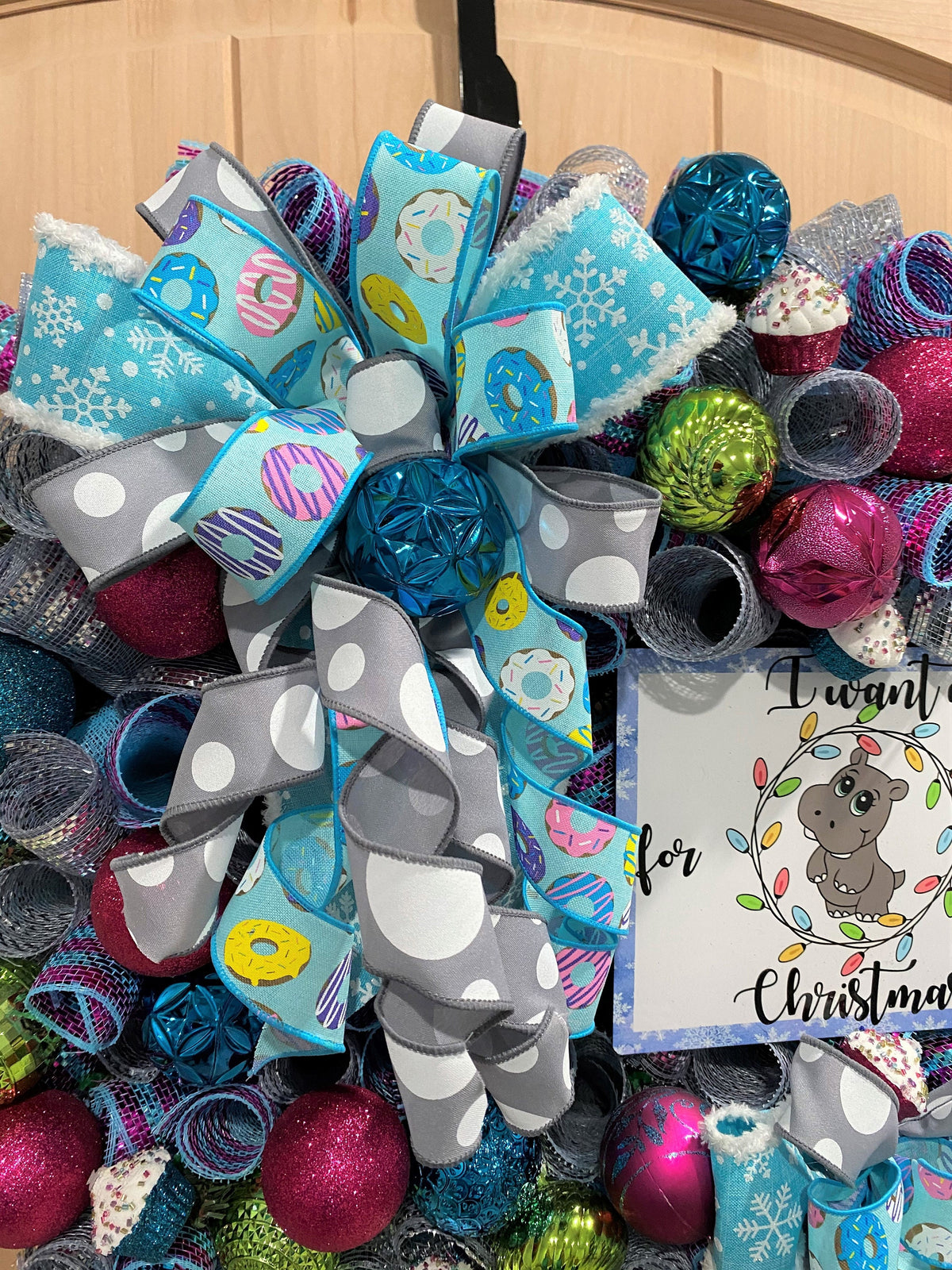 Hippo Christmas Wreath, I want a Hippopotamus for Christmas, Blue, Gray, Pink, Green, Purple, Yellow and White, 26" X 26"
