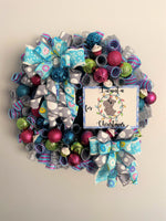 Hippo Christmas Wreath, I want a Hippopotamus for Christmas, Blue, Gray, Pink, Green, Purple, Yellow and White, 26" X 26"