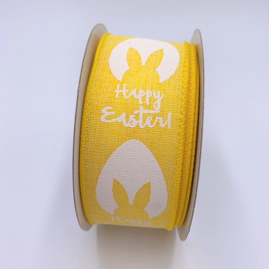 Happy Easter Ribbon, Bunny Ears, Easter Egg on Yellow Canvas Ribbon, Wired Edges, 1.5" X 10Yds.
