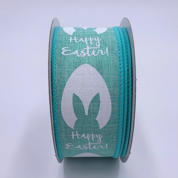 Happy Easter Ribbon, Bunny Ears, Easter Egg on Aqua Blue Canvas Ribbon, Wired Edges, 1.5" X 10Yds.