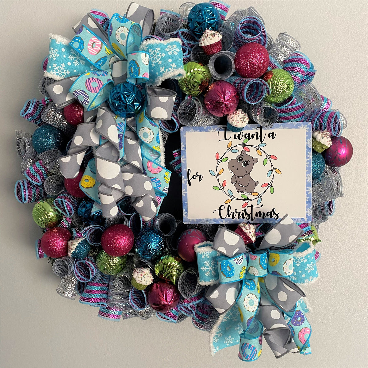 Hippo Christmas Wreath, I want a Hippopotamus for Christmas, Blue, Gray, Pink, Green, Purple, Yellow and White, 26" X 26"