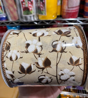 Wired Ribbon, Cream, Brown and White / 4" X 10 yd / Cotton Pods On Royal / RG01810C2