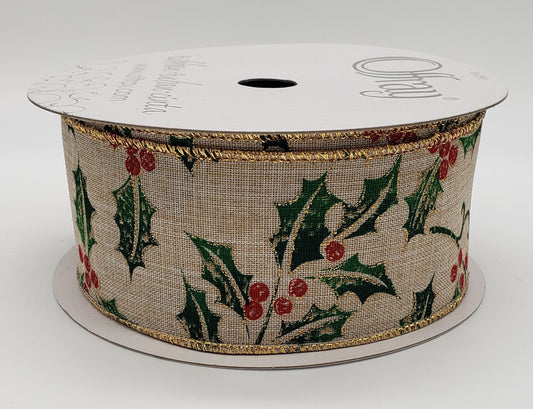Shimmering Holly Berries, On Light Tan Beige Canvas Ribbon / Gold Threaded Wired Edges / 2..5" X 25 Yd.