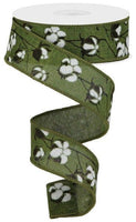 Cotton Pod Ribbon, Moss Green, Brown and White, Canvas, Wired, 1.5" X 10 YD., RG0180852