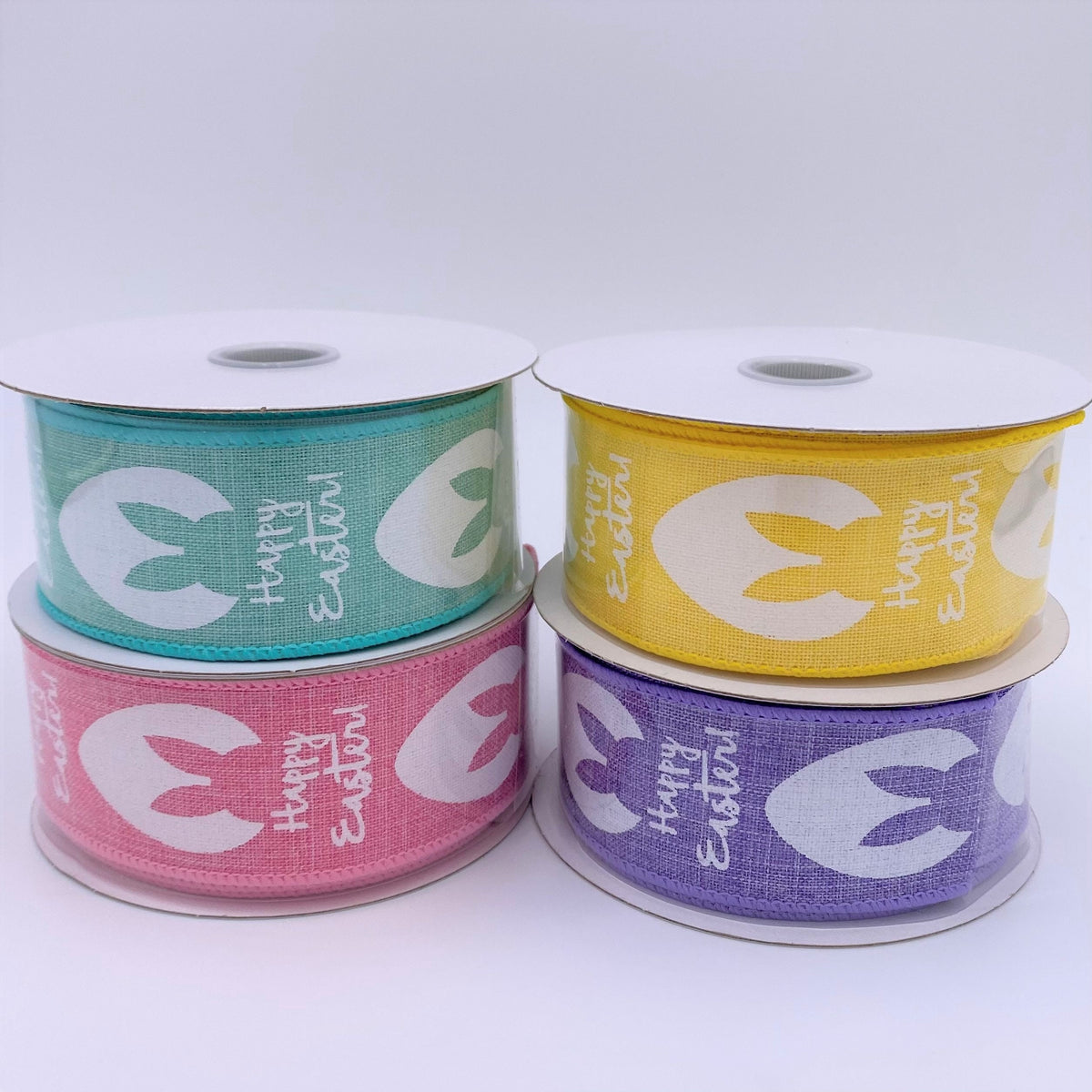 Happy Easter Ribbon, Bunny Ears, Easter Egg on Purple Lavender Canvas Ribbon, Wired Edges, 1.5" X 10Yds.