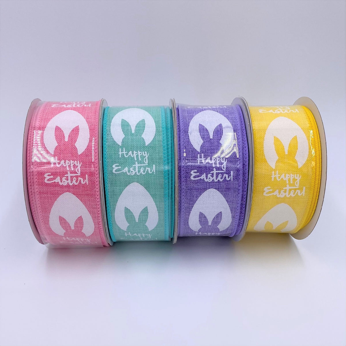 Happy Easter Ribbon, Bunny Ears, Easter Egg on Yellow Canvas Ribbon, Wired Edges, 1.5" X 10Yds.