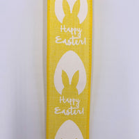 Happy Easter Ribbon, Bunny Ears, Easter Egg on Yellow Canvas Ribbon, Wired Edges, 1.5" X 10Yds.