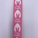 Happy Easter Ribbon, Bunny Ears, Easter Egg on Pink Canvas Ribbon, Wired Edges, 1.5" X 10Yds.
