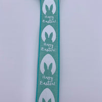 Happy Easter Ribbon, Bunny Ears, Easter Egg on Aqua Blue Canvas Ribbon, Wired Edges, 1.5" X 10Yds.