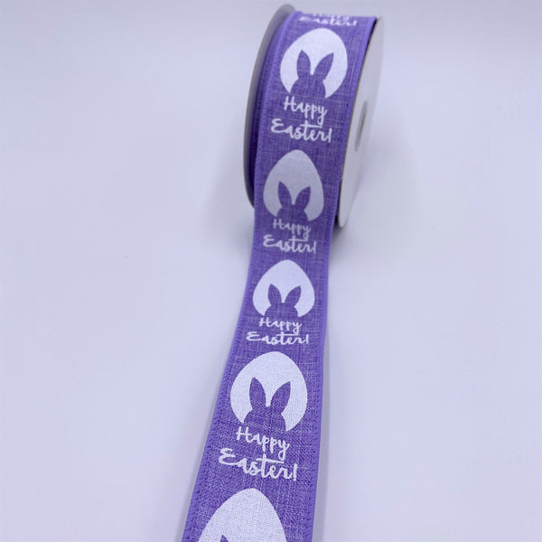 Happy Easter Ribbon, Bunny Ears, Easter Egg on Purple Lavender Canvas Ribbon, Wired Edges, 1.5" X 10Yds.