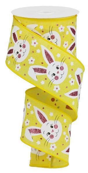 Bunny Face Ribbon, Yellow, Light Pink, White, Black, Glitter on Royal, Wired, 2.5" X 10 YD, RGA154029