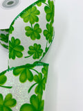 St. Patrick's Clover Ribbon, Iridescent Glitter On White, Green Clovers, Wired Edges, 2.5" X 20 YD.