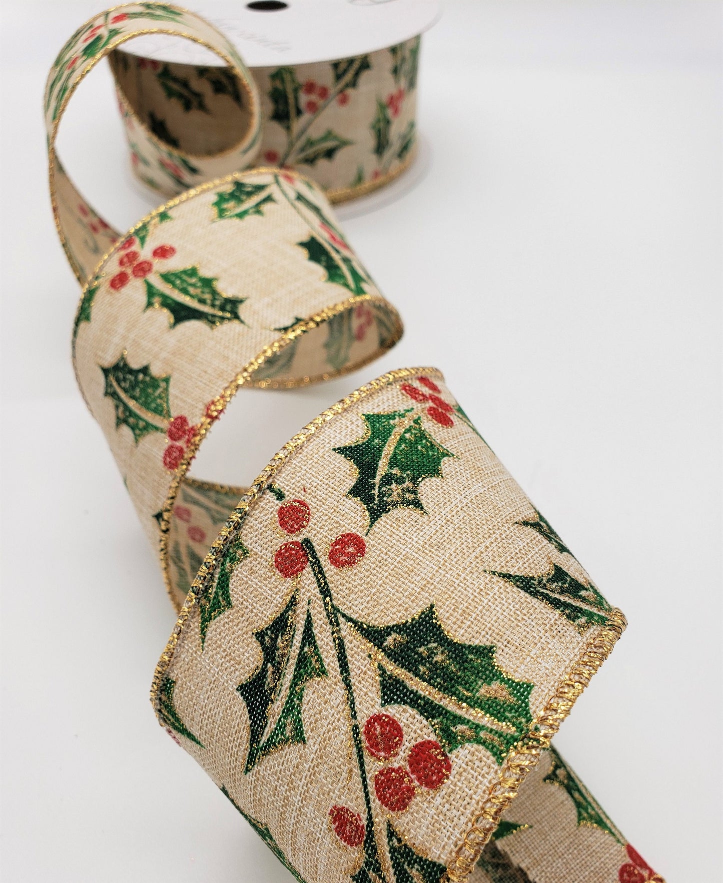 Shimmering Holly Berries, On Light Tan Beige Canvas Ribbon / Gold Threaded Wired Edges / 2..5" X 25 Yd.