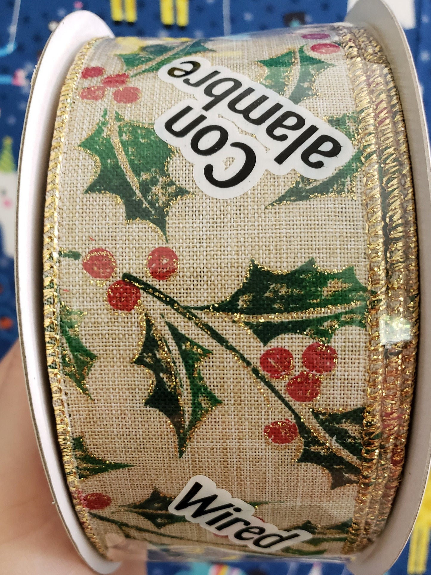 Shimmering Holly Berries, On Light Tan Beige Canvas Ribbon / Gold Threaded Wired Edges / 2..5" X 25 Yd.