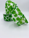 St. Patrick's Clover Ribbon, Iridescent Glitter On White, Green Clovers, Wired Edges, 2.5" X 20 YD.