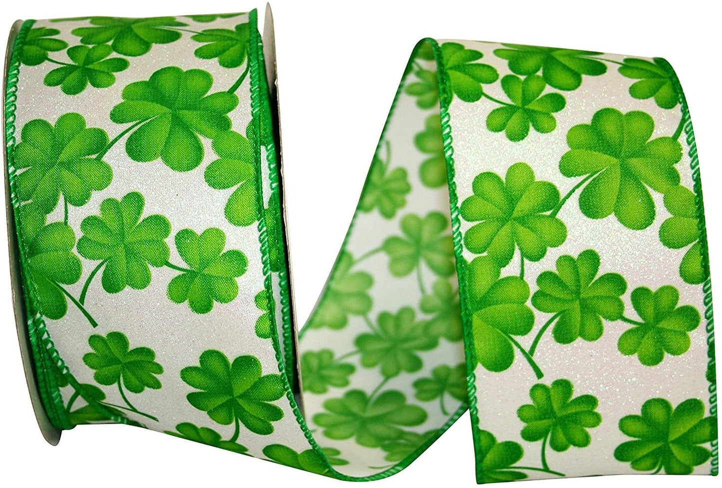 St. Patrick's Clover Ribbon, Iridescent Glitter On White, Green Clovers, Wired Edges, 2.5" X 20 YD.