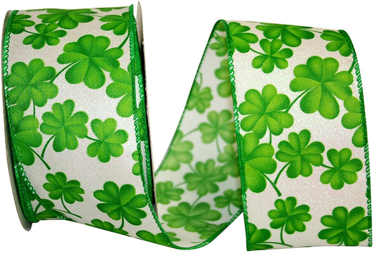 St. Patrick's Clover Ribbon, Iridescent Glitter On White, Green Clovers, Wired Edges, 2.5" X 20 YD.
