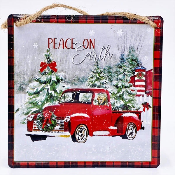 Christmas Truck Sign, Tin Sign, " Peace On Earth", Red Truck and Dog, 5" SQ Sign, XC6212