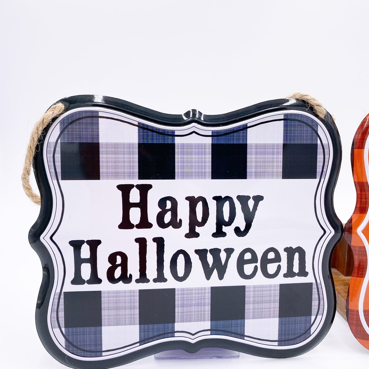 Happy Halloween Tin Sign, Black, and White Plaid,  Blemishes on Signs, Discounted Price, 7" x 6" Tin Halloween Sign