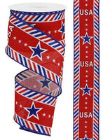 Patriotic Ribbon, USA, Glitter, Stars, Diagonal Border on Royal, Red, White, and Blue, 2.5" X 10 YD., RGA163127
