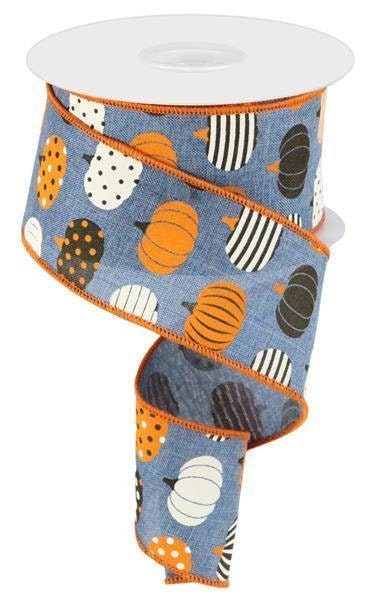Patterned Pumpkins, Ribbon, Denim, Cream, Orange, Brown,  2.5" X 10 yd., Wired Ribbon, RGC1705C6