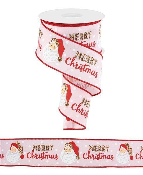 Merry Christmas Santa Ribbon, Leopard, Powder Pink, Multi-Color, Wired, 2.5" X 10 YD, RGC165415