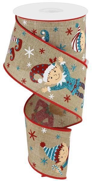 Elves On Royal Burlap, Christmas Ribbon, Wired, Light Beige, Turquoise, Brown, Red, 2.5" X 10 YD., RGC176134