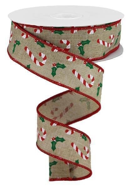 Candy Canes, Holly, On Royal, Wired Ribbon, Light Beige, White, Red, Emerald, 1.5" X 10 YD, RGB114301