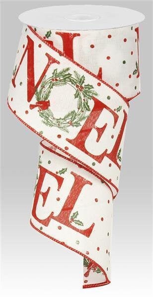 Rustic Noel On Royal Ribbon, Wired, White, Red, Green, 2.5" X 10 YD, RG0158327