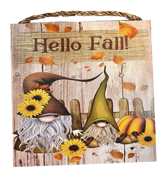 Hello Fall, Gnome Sign, 10" Square, MDF, Wooden Sign, Gnomes, Fall Leaves, Sunflowers, Pumpkin, Wreath Embellishment