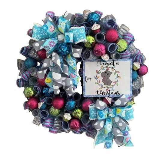 Hippo Christmas Wreath, I want a Hippopotamus for Christmas, Blue, Gray, Pink, Green, Purple, Yellow and White, 26" X 26"