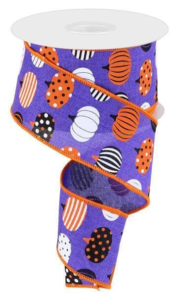 Patterned Pumpkins, Ribbon, Purple, White. Orange, Black, 2.5" X 10 YD., RGC170523
